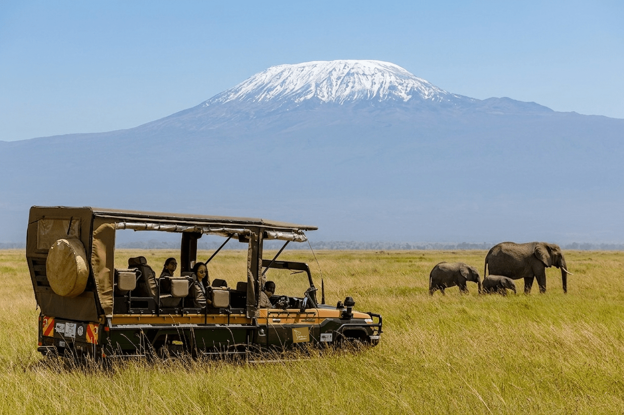 Open-top safari jeep with passengers on a grassy plain; elephants nearby; snow‑capped mountain in the distance. - Soroi Collection